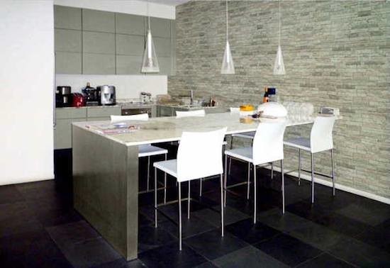 Mid-sized transitional dark wood floor kitchen/dining room combo photo with beige walls