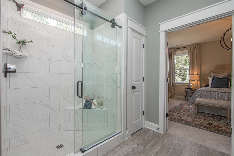 Design ideas for a large arts and crafts master bathroom in Richmond with shaker cabinets, grey cabinets, an open shower, beige tile, ceramic tile, grey walls, cement tiles, a drop-in sink, engineered quartz benchtops, beige floor, a sliding shower screen and beige benchtops.