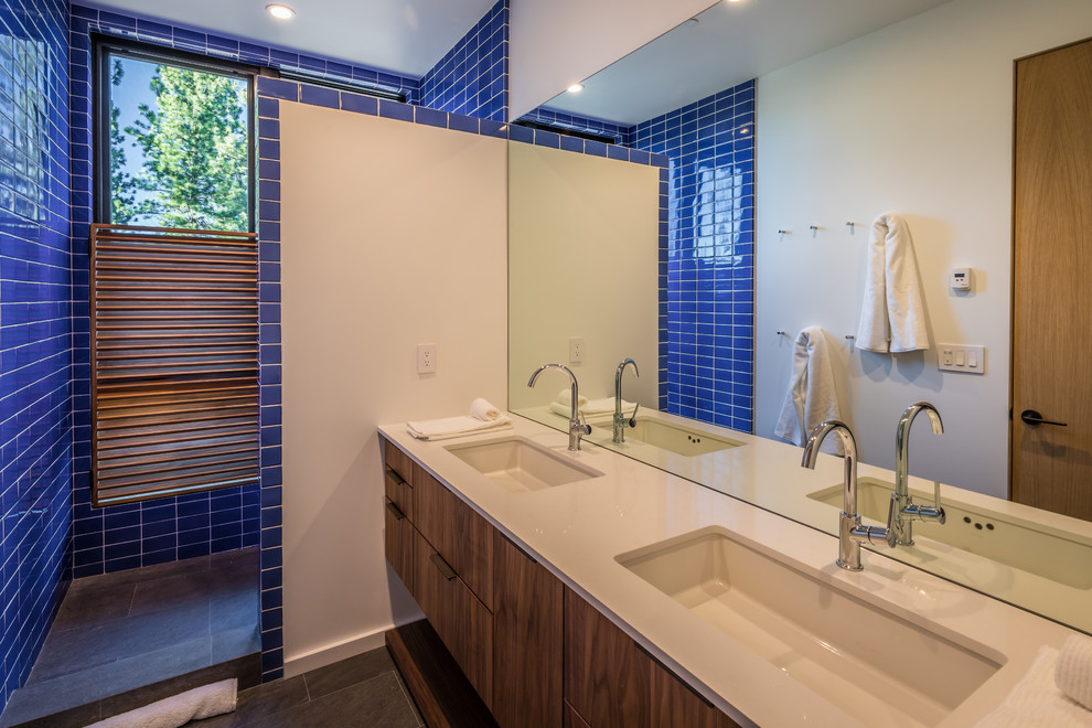 Contemporary master bathroom in Sacramento with flat-panel cabinets, light wood cabinets, a freestanding tub, ceramic tile, an undermount sink, quartzite benchtops and an open shower.