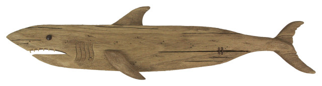 Carved Recycled Wood Great White Shark Wall Sculpture 36 Inches Long