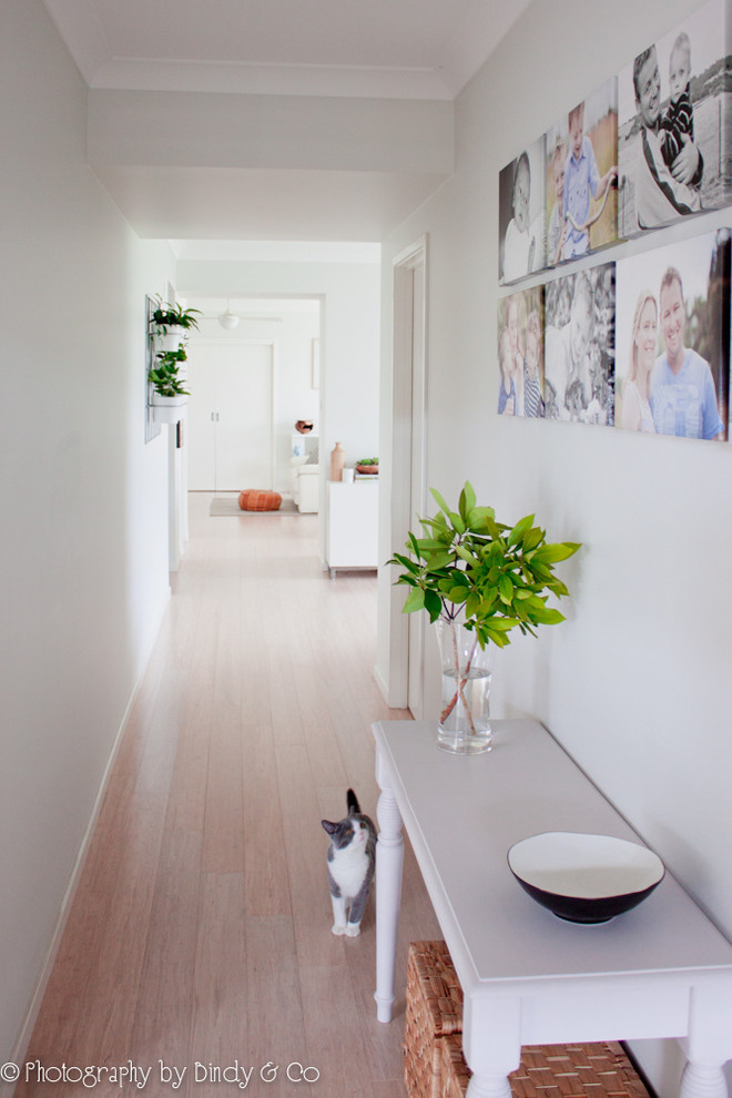 This is an example of a mid-sized midcentury hallway in Wollongong with white walls and bamboo floors.