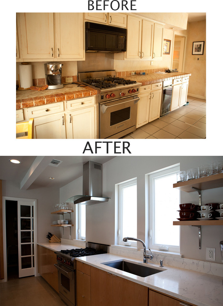 Before and After photos of a Lake Highlands transitional kitchen makeover into a Contemporary styled space with granite countertops, open modern shelf storage, beech cabinets, stainless appliances, an