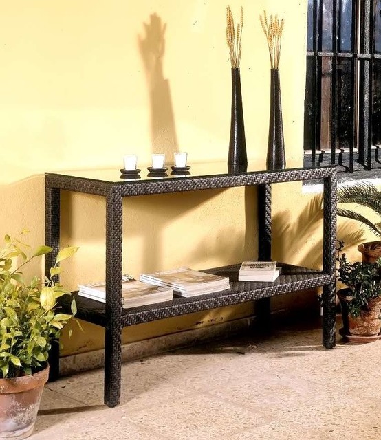 Soho Patio Console Table w Lower Shelf - Wicker Weave Java Brown