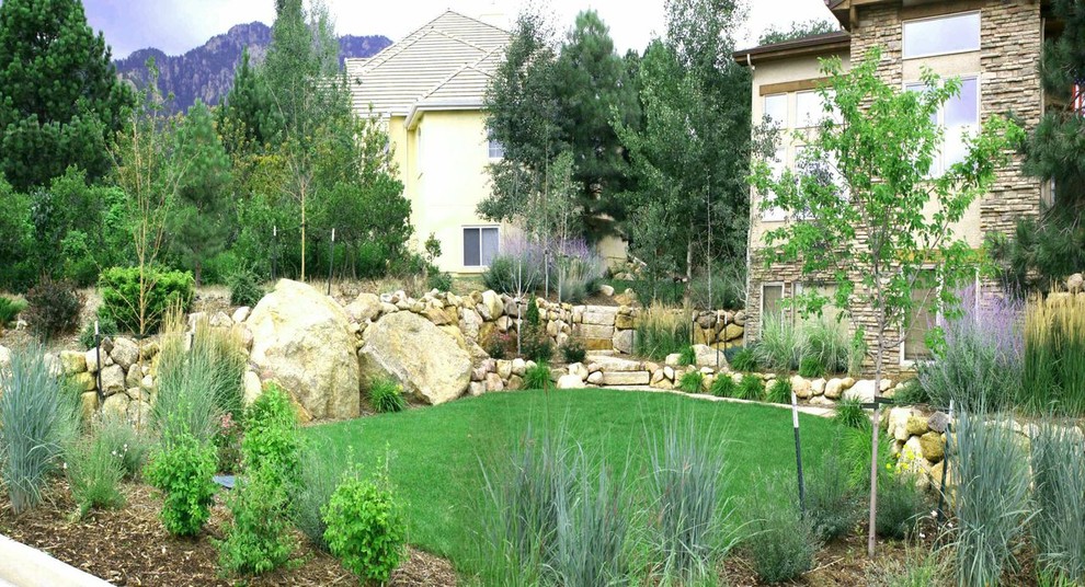 Design ideas for a mid-sized transitional drought-tolerant and full sun front yard mulch landscaping in Denver.