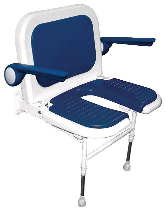 Deluxe Wide UShaped seat With Back and Arms, Blue Shower Benches