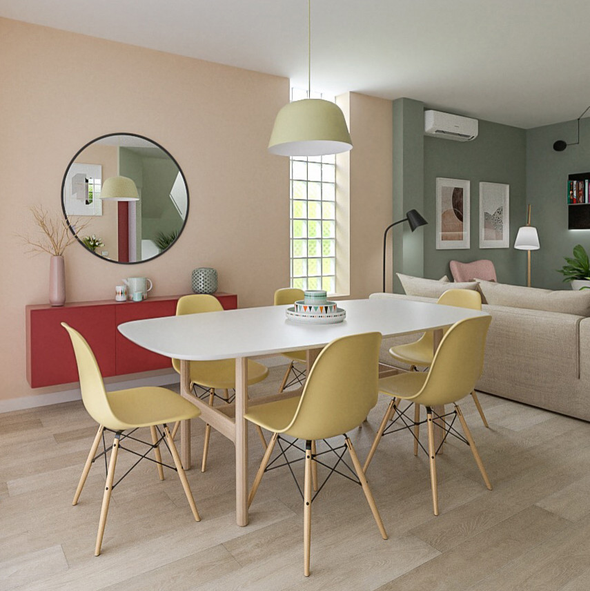 This is an example of a mid-sized contemporary open plan dining with pink walls and light hardwood floors.