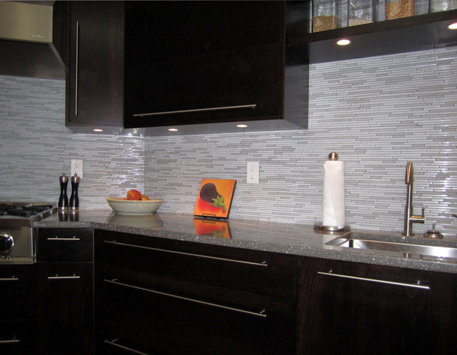 Espresso Kitchen With Glass And Marble Mosaic Tile Backsplash