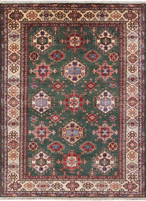 5 8 X 7 Green Hand Knotted Wool Super Kazak Rug 5 8 X 7 Green Hand Knotted Wool Super Kazak Rug