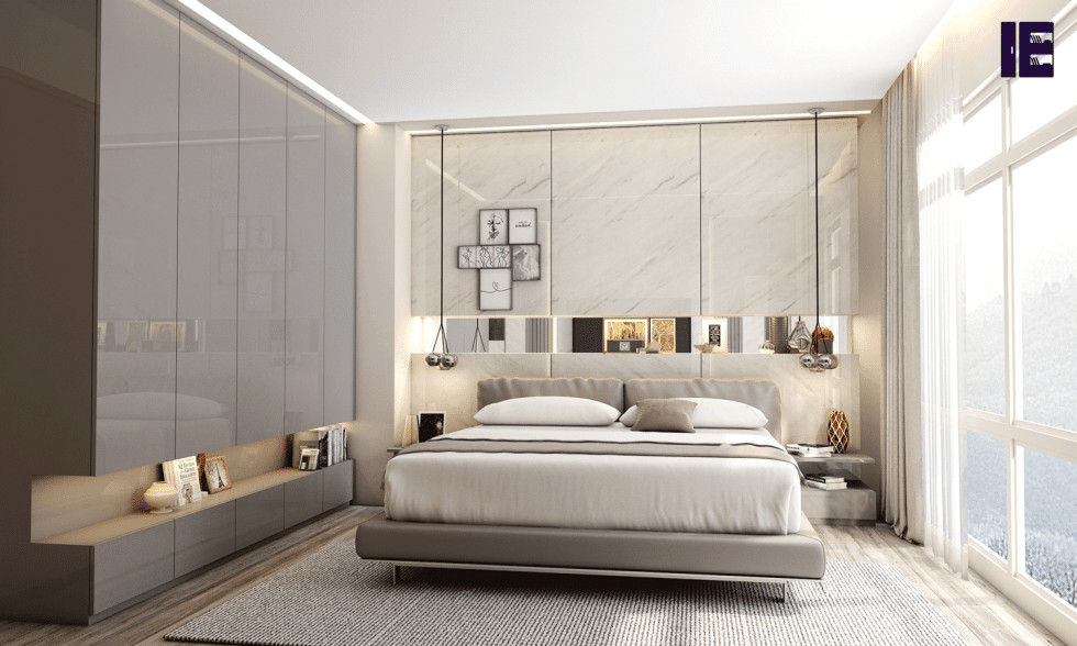 Design ideas for a large modern standard wardrobe in London with glass-front cabinets and feature lighting.