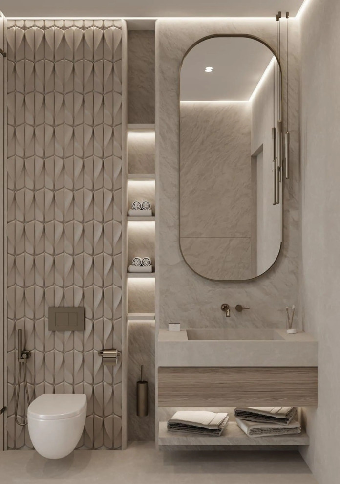 Photo of a mid-sized modern 3/4 bathroom in Los Angeles with beige tile, beige walls, light hardwood floors, beige floor, a single vanity and a built-in vanity.