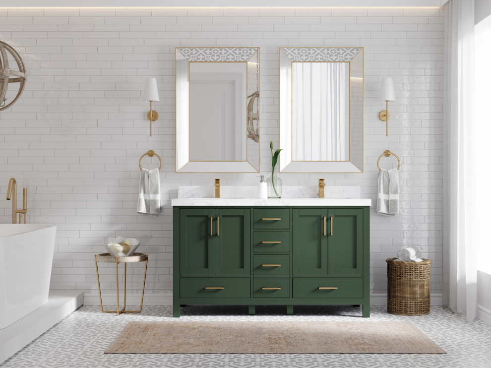 Malibu 60 Double Sink Bathroom Vanity in Lafayette Green 2" Venatino