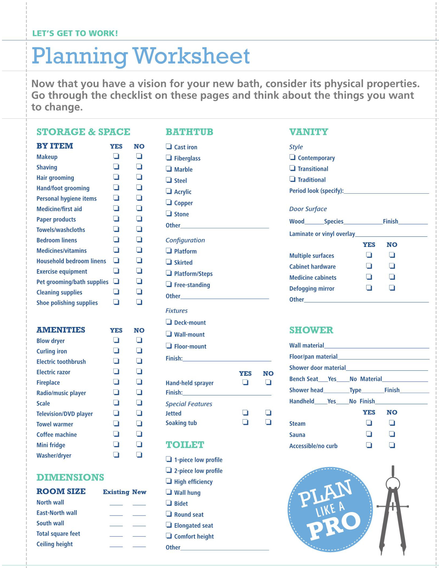 Bathroom Planning Worksheet