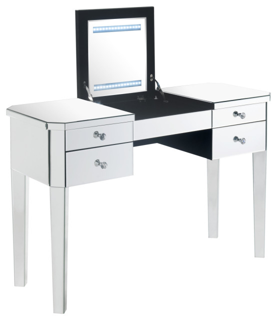 Cadha Mirrored Vanity Table Flip Top, Mirrored Vanity Desk
