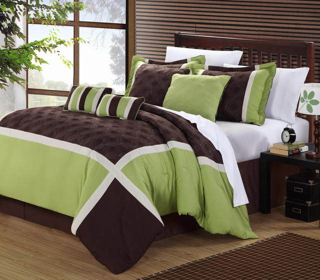 None - Green/ Brown Oversized 8-piece Comforter Set - View in Your Room