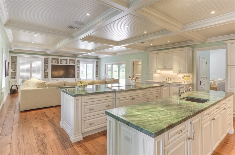 Design ideas for a traditional open plan kitchen in Miami with raised-panel cabinets, white cabinets and green benchtop.