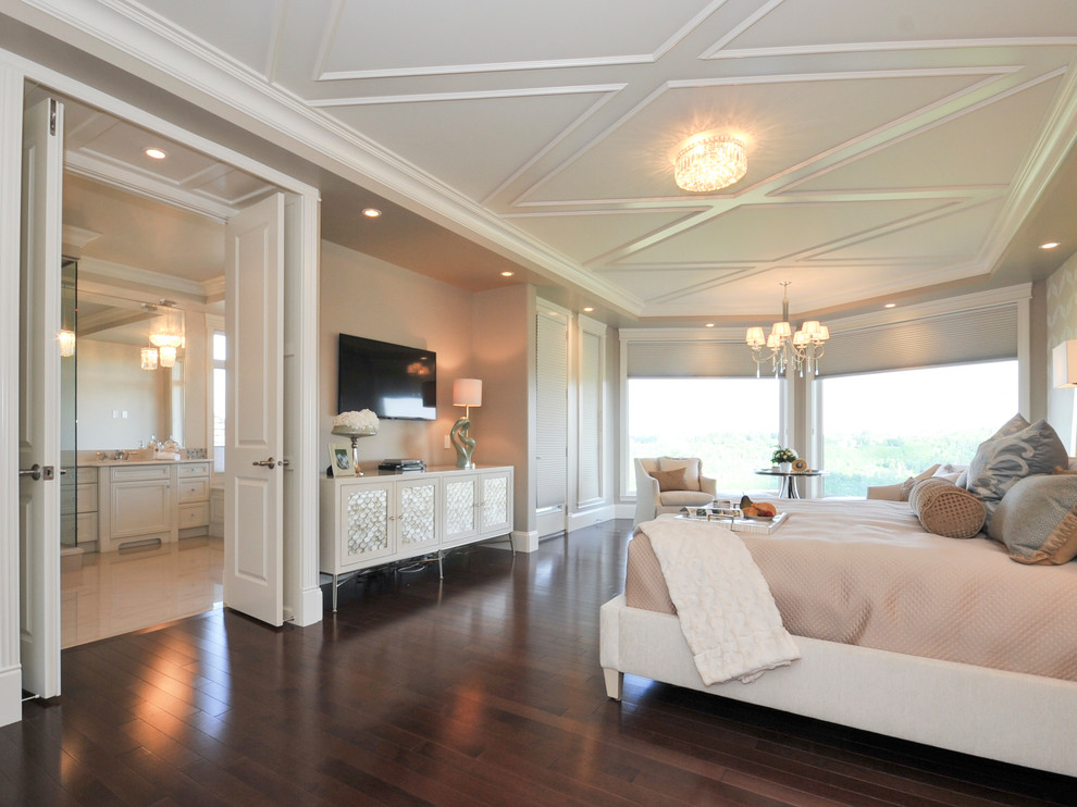 Inspiration for a large traditional master bedroom in Edmonton with grey walls, dark hardwood floors and no fireplace.
