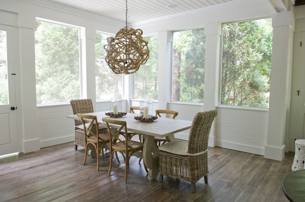 Beach style dining room in Atlanta with white walls and dark hardwood floors.