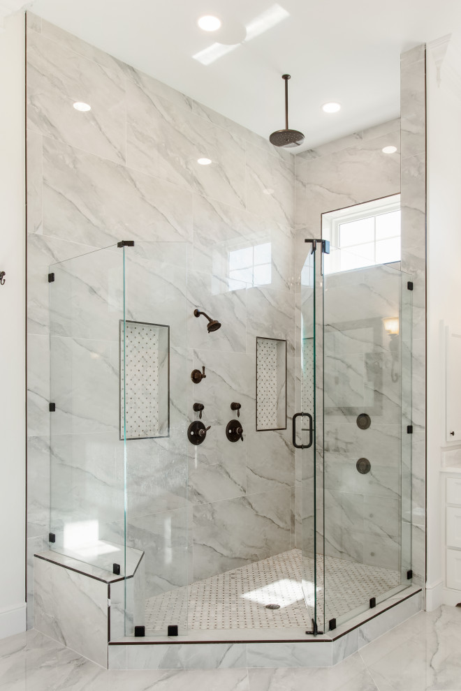 Design ideas for a large master bathroom in Dallas with recessed-panel cabinets, white cabinets, an alcove tub, a curbless shower, a two-piece toilet, gray tile, porcelain tile, white walls, porcelain floors, an undermount sink, quartzite benchtops, grey floor, a hinged shower door, white benchtops, an enclosed toilet, a built-in vanity and a double vanity.