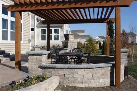 This is an example of a mid-sized transitional backyard patio in Columbus with a fire feature, concrete pavers and no cover.