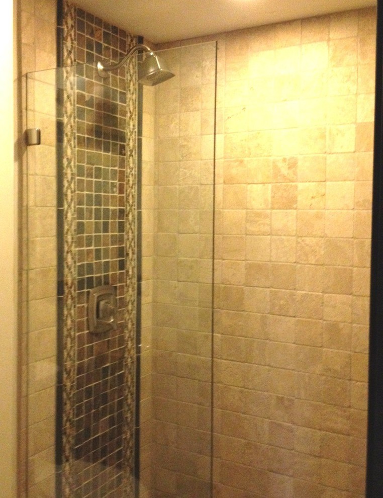 Example of a mid-sized classic stone tile bathroom design in Cleveland
