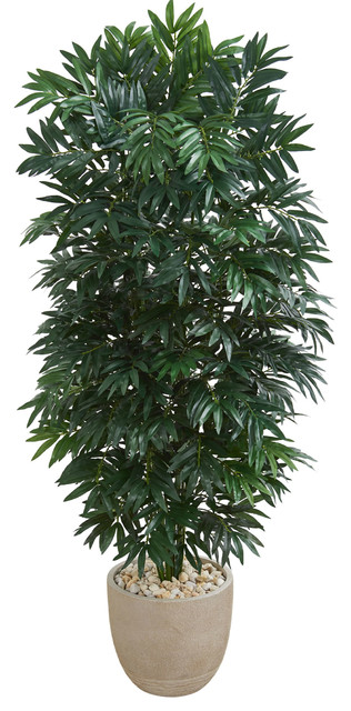 Nearly Natural 5' Double Bamboo Palm Artificial Plant in Sandstone Planter