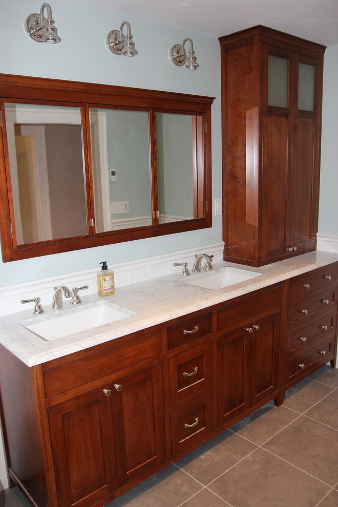Stained Red Birch Double Vanity Hutch And Double Medicine