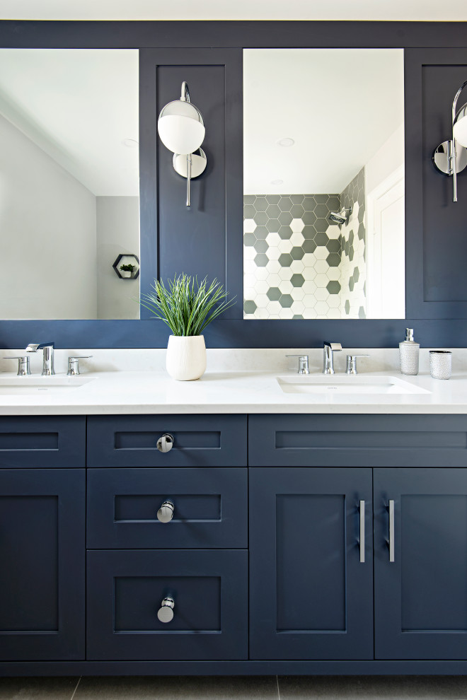 Mid-sized transitional kids' white tile and porcelain tile porcelain tile, gray floor and double-sink alcove bathtub photo in Toronto with shaker cabinets, blue cabinets, a one-piece toilet, gray walls, an undermount sink, quartz countertops, white countertops and a built-in vanity