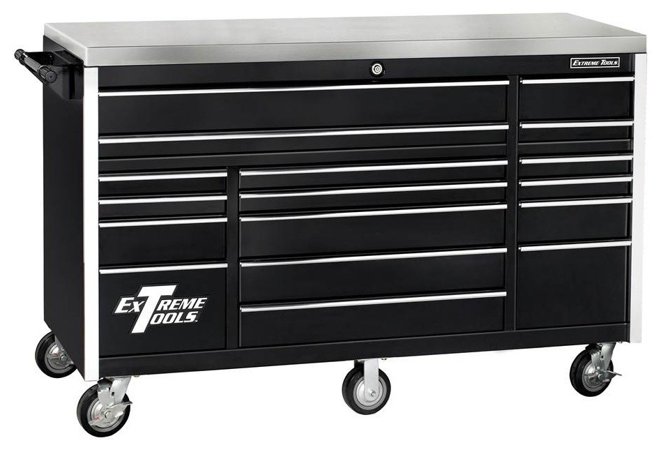 Extreme Tools 72" 17-Drawer Triple Bank Professional Roller Cabinet, Black