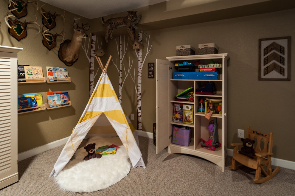 Playroom - mid-sized rustic gender-neutral carpeted playroom idea with brown walls