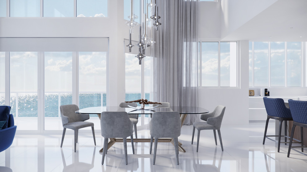 This is an example of a mid-sized contemporary dining room in Miami with white walls, porcelain floors, a hanging fireplace, a stone fireplace surround, white floor and wallpaper.