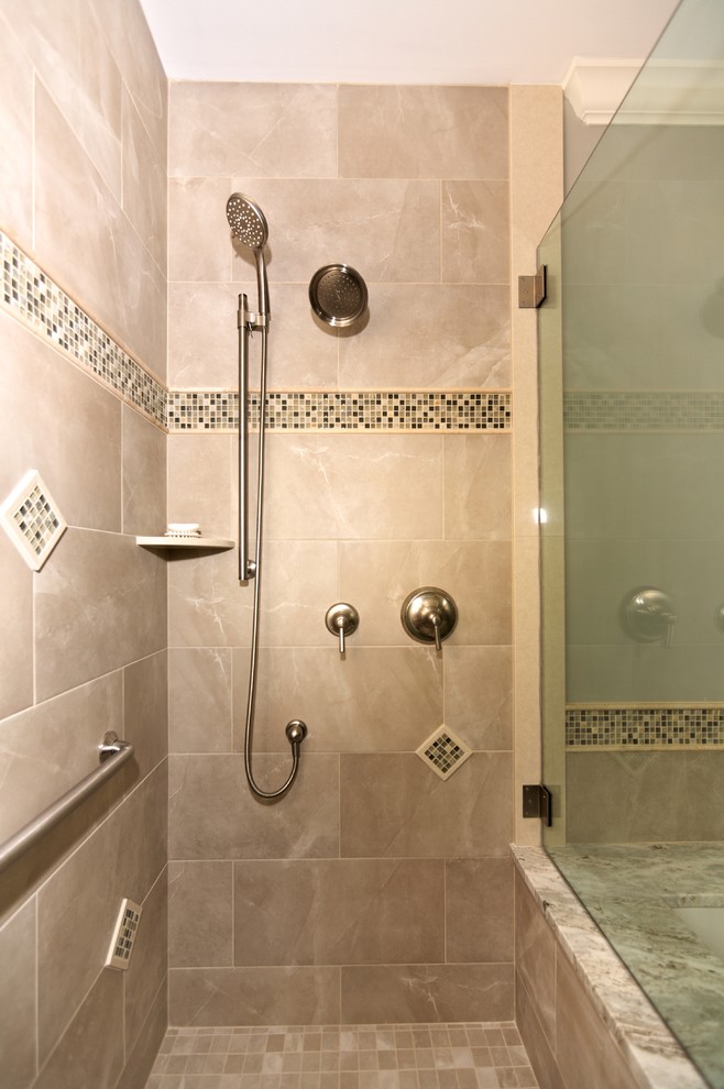Design ideas for a large contemporary master bathroom in Philadelphia with recessed-panel cabinets, medium wood cabinets, an undermount tub, an alcove shower, beige tile, porcelain tile, beige walls, porcelain floors, an undermount sink, granite benchtops, beige floor and a hinged shower door.