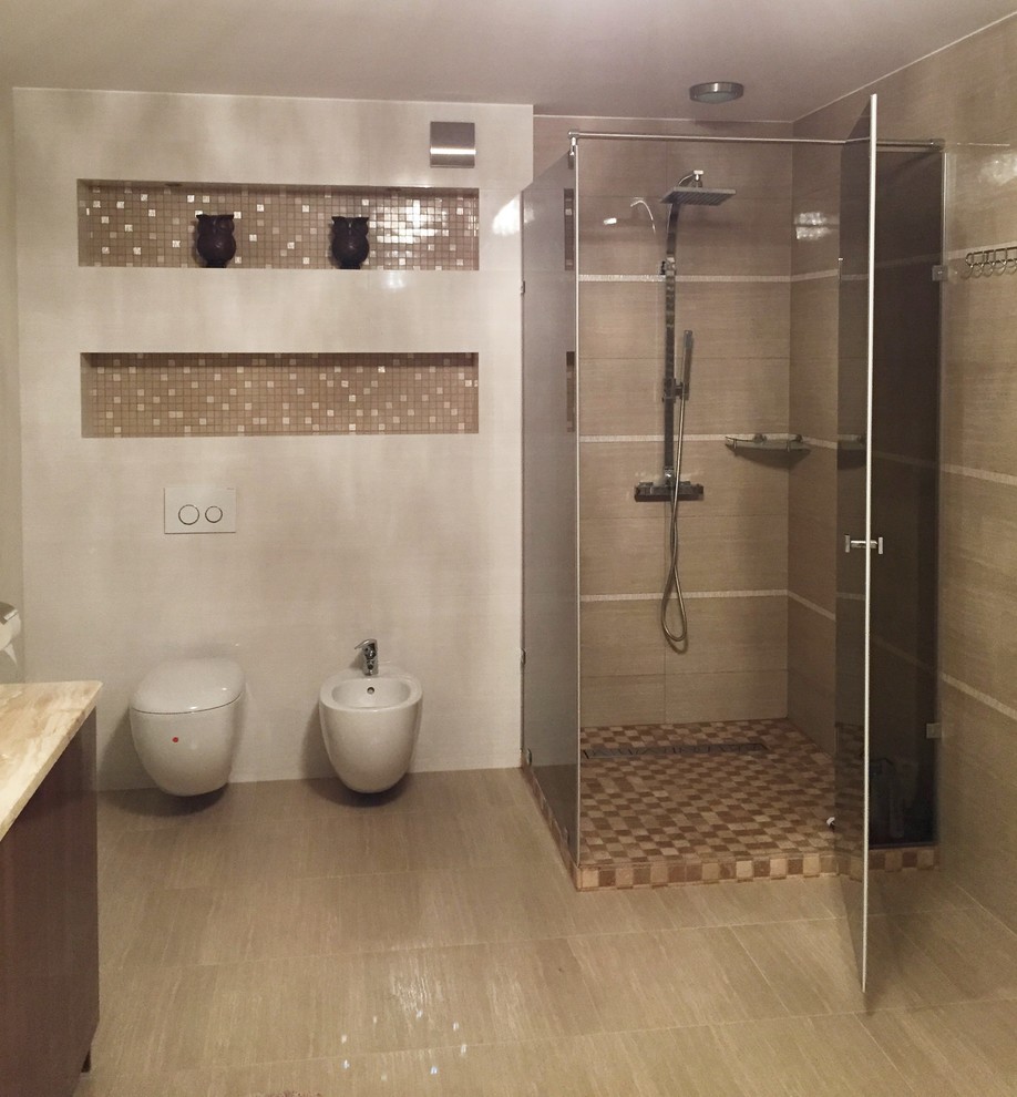 Inspiration for a large contemporary master bathroom in Bridgeport with dark wood cabinets, a freestanding tub, a bidet, ceramic tile, beige walls, ceramic floors and granite benchtops.
