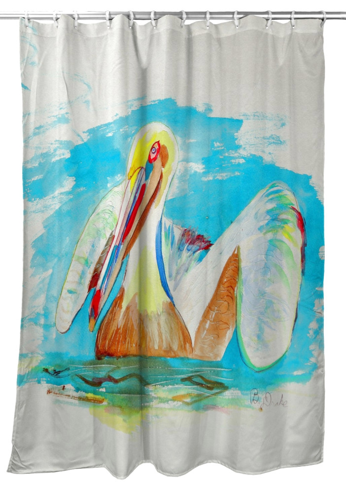 Betsy Drake Pelican in Teal Shower Curtain, 74 inches Beach Style