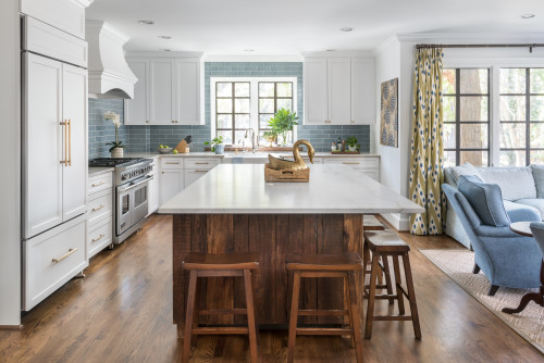 Flat pack kitchen cabinet layout in a modern rustic kitchen with warm wood accents and timeless finishes.