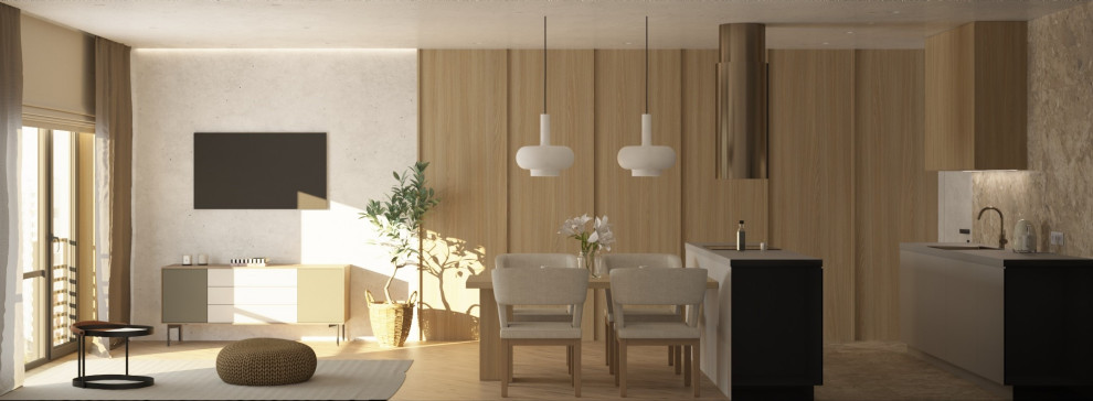 Кухня-гостиная в стиле джапанди из дизайн-проекта в ЖК Hill8, Москва