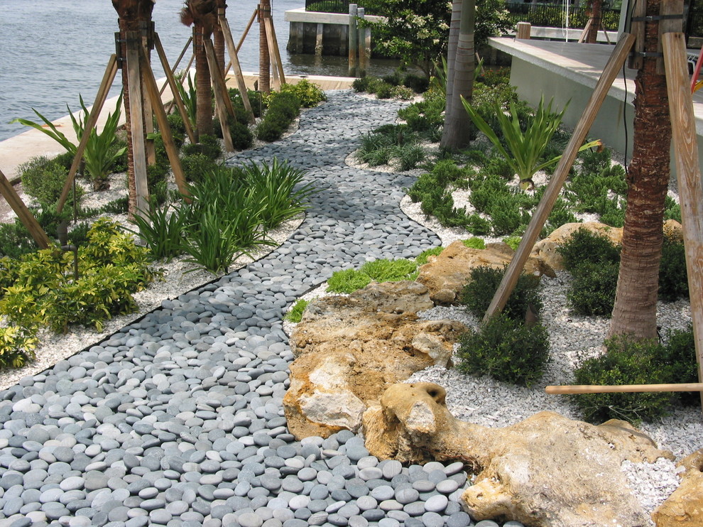 Photo of a mid-sized contemporary backyard partial sun garden in Miami with a garden path and gravel.