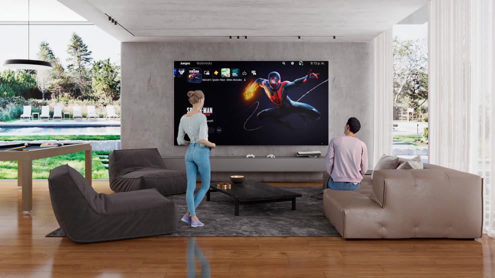 Game room - mid-sized modern enclosed brown floor game room idea in Miami with gray walls, a standard fireplace and a wall-mounted tv