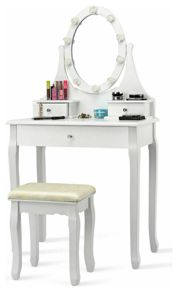 Costway 3 Drawers Bedroom Vanity Makeup Dressing Table Stool Set Lighted  Mirror - Traditional - Bedroom & Makeup Vanities - by Goplus Corp | Houzz