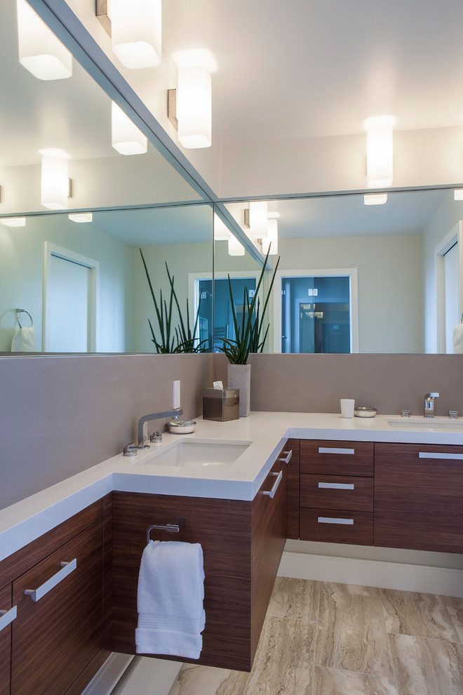 Design ideas for a mid-sized contemporary master bathroom in San Francisco with flat-panel cabinets, medium wood cabinets, an alcove shower, grey walls, limestone floors, an undermount sink, engineered quartz benchtops, beige floor and a hinged shower door.