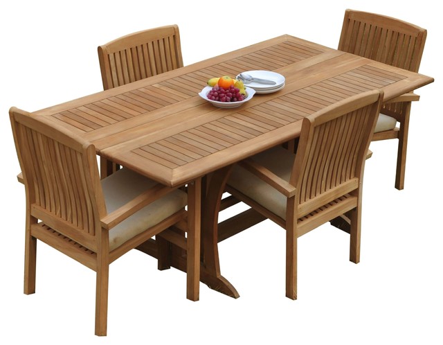 5 Piece Outdoor Teak Dining Set 69 Folding Table 4 Wave Stacking Arm Chairs 5 Piece Outdoor Teak Dining Set 69 Folding Table 4 Wave Stacking Arm Chairs