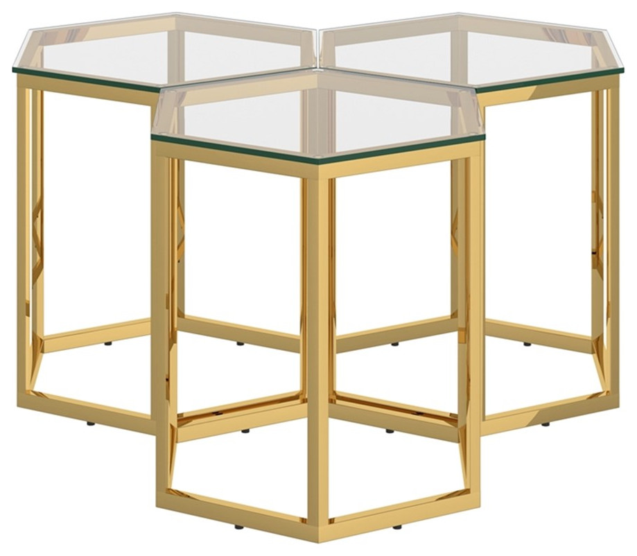 Fleur 3Piece Hexagon Contemporary Metal & Glass Accent Table Set in