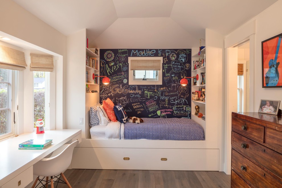 Inspiration for a transitional kids' bedroom for kids 4-10 years old and girls in San Francisco with white walls and dark hardwood floors.