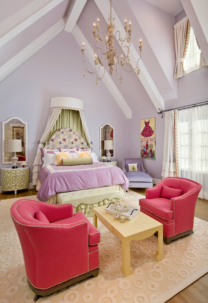 Traditional kids' room in Dallas with purple walls for girls.