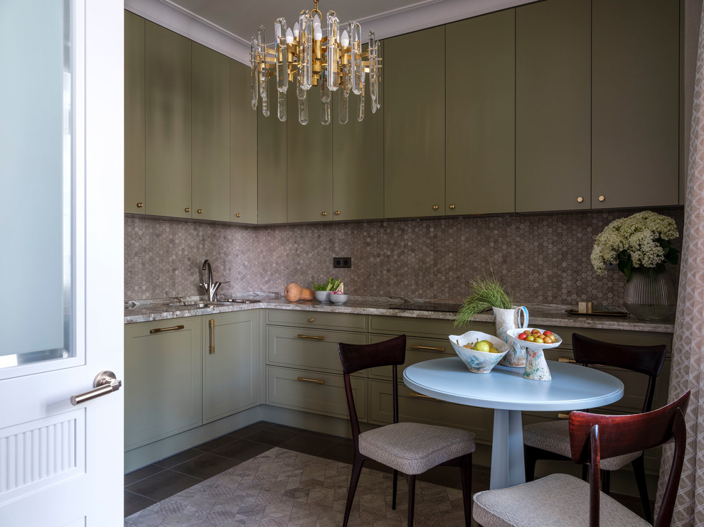 Design ideas for a mid-sized transitional u-shaped separate kitchen in Moscow with an undermount sink, green cabinets, grey splashback, stone tile splashback, marble floors, no island, grey floor, green benchtop and marble benchtops.