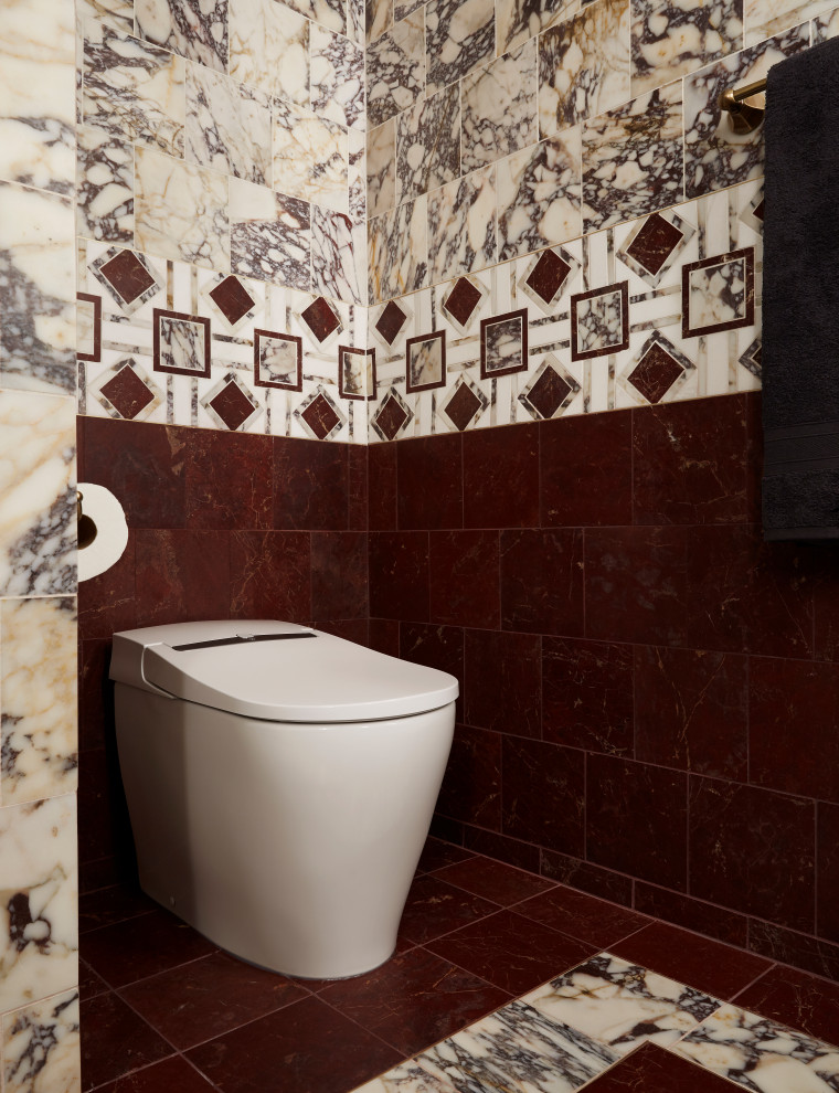 Inspiration för mellanstora moderna vitt en-suite badrum, med skåp i shakerstil, svarta skåp, en bidé, flerfärgad kakel, marmorkakel, flerfärgade väggar, marmorgolv, ett undermonterad handfat, bänkskiva i akrylsten, flerfärgat golv och dusch med gångjärnsdörr