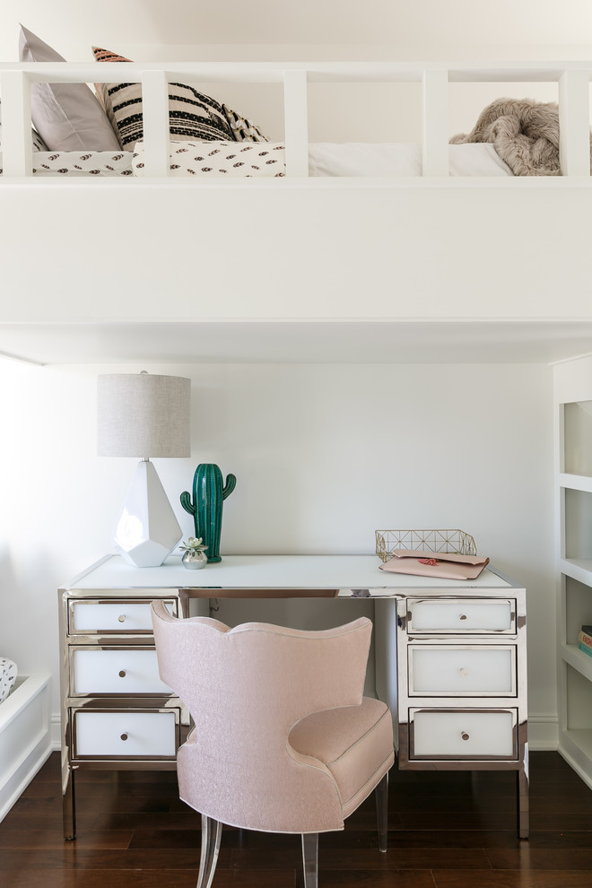Mistflower - Inspiration for a mid-sized transitional guest medium tone wood floor and brown floor bedroom remodel in Louisville with white walls