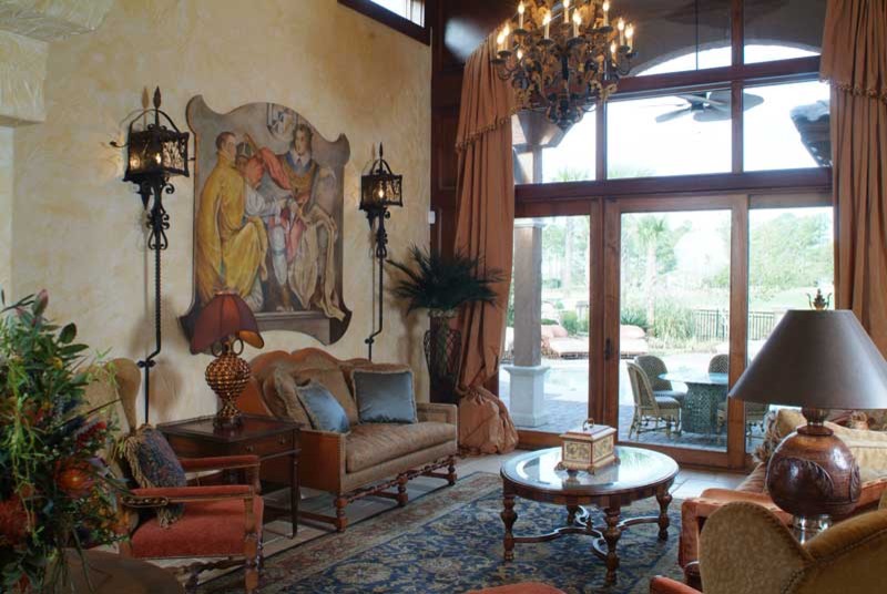 Large mediterranean formal open concept living room in Other with beige walls and limestone floors.