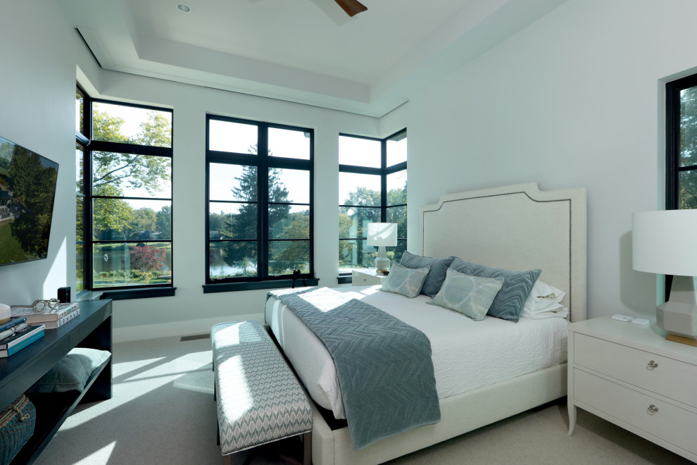 Источник вдохновения для домашнего уюта: большая хозяйская спальня в современном стиле с белыми стенами, ковровым покрытием, бежевым полом и многоуровневым потолком