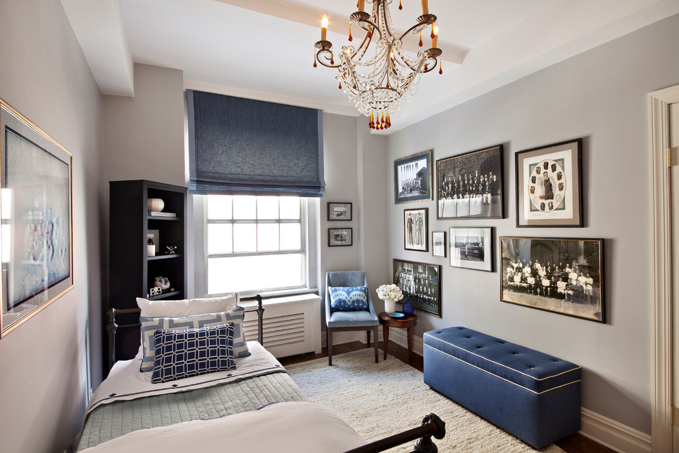 Inspiration for a contemporary guest bedroom in New York with grey walls, dark hardwood floors and no fireplace.