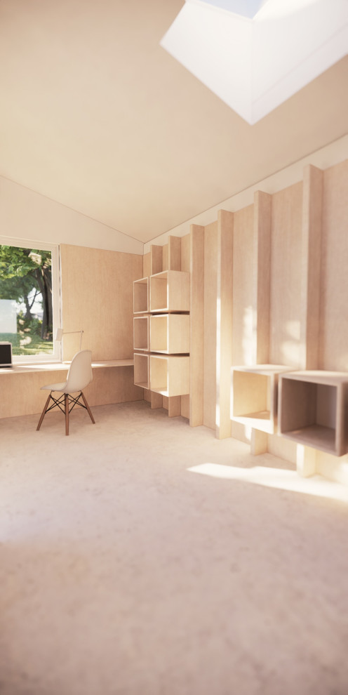 Idées déco pour un petit bureau contemporain de type studio avec un mur blanc, sol en béton ciré, un bureau intégré, un sol gris et du lambris.